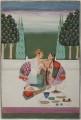 Folio von einem Nayaka Nayika bheda eines liebenden Paar teilweise undresseed trinkt Wein auf einer Palastterrasse Indiens